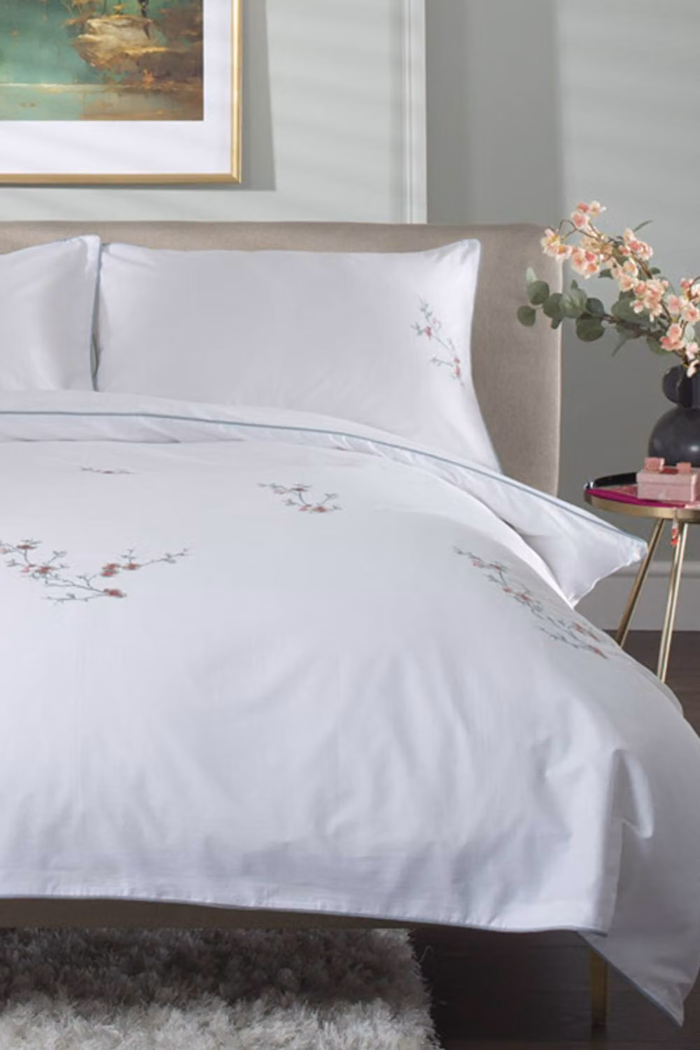 The Lyndon Company Cherry Blossom Cotton Duvet Set with Pillowcases in Petrol and White, W/D/H: 180 x 200 cm – 2