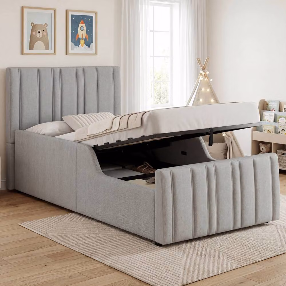 Merax 3ft Single Linen Upholstered Ottoman Storage Bed Frame in Grey, W/D/H: 90 x 190 cm – 2