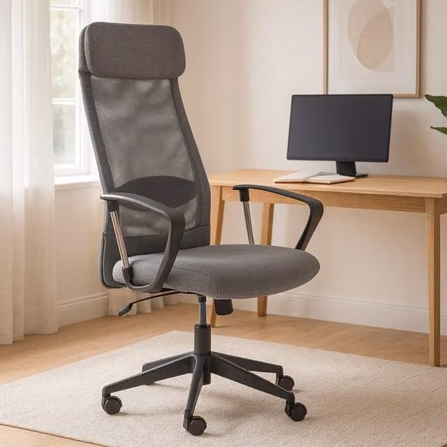 Interiors by Premier Brent Ergonomic High Back Home Office Chair with Headrest and Armrests in Grey, Black and Silver