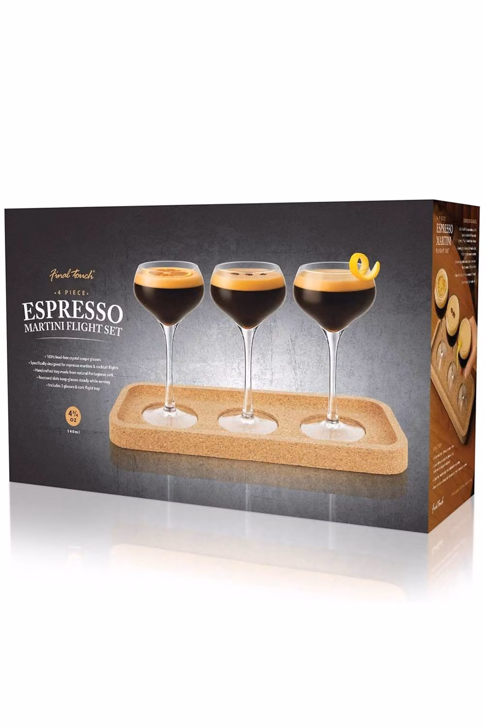Final Touch Set of 3 Clear Lead-Free Crystal Espresso Glasses with Cork Tray, 140ml – 3