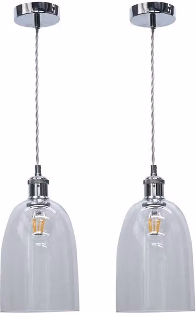First Choice Lighting Set of 2 Polished Chrome and Transparent Glass Dome Pendant Lights in Silver