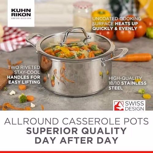 Kuhn Rikon Silver Stainless Steel Casserole Pot with Glass Lid, 1.5 l – 4