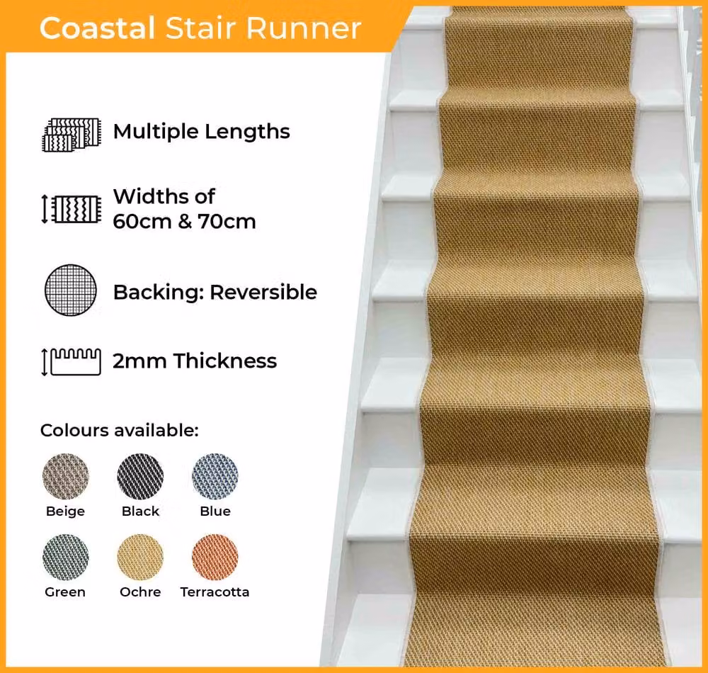 runrug Coastal Reversible Durable Stair Runner Carpet in Beige, W: 60 cm x L: 510 cm – 2