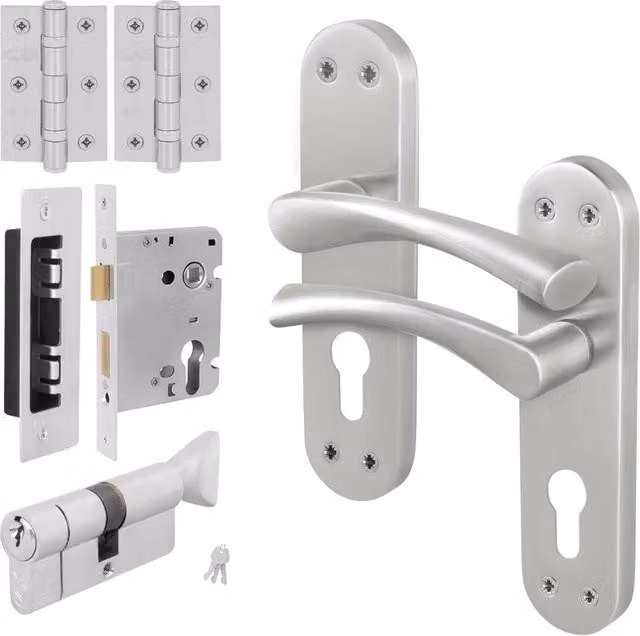 AFIT Novi Metallics Satin Nickel Euro Thumbturn Cylinder Handle Lock and Hinges, Silver, W/D/H: 15.0 x 15.0 x 2.0 cm