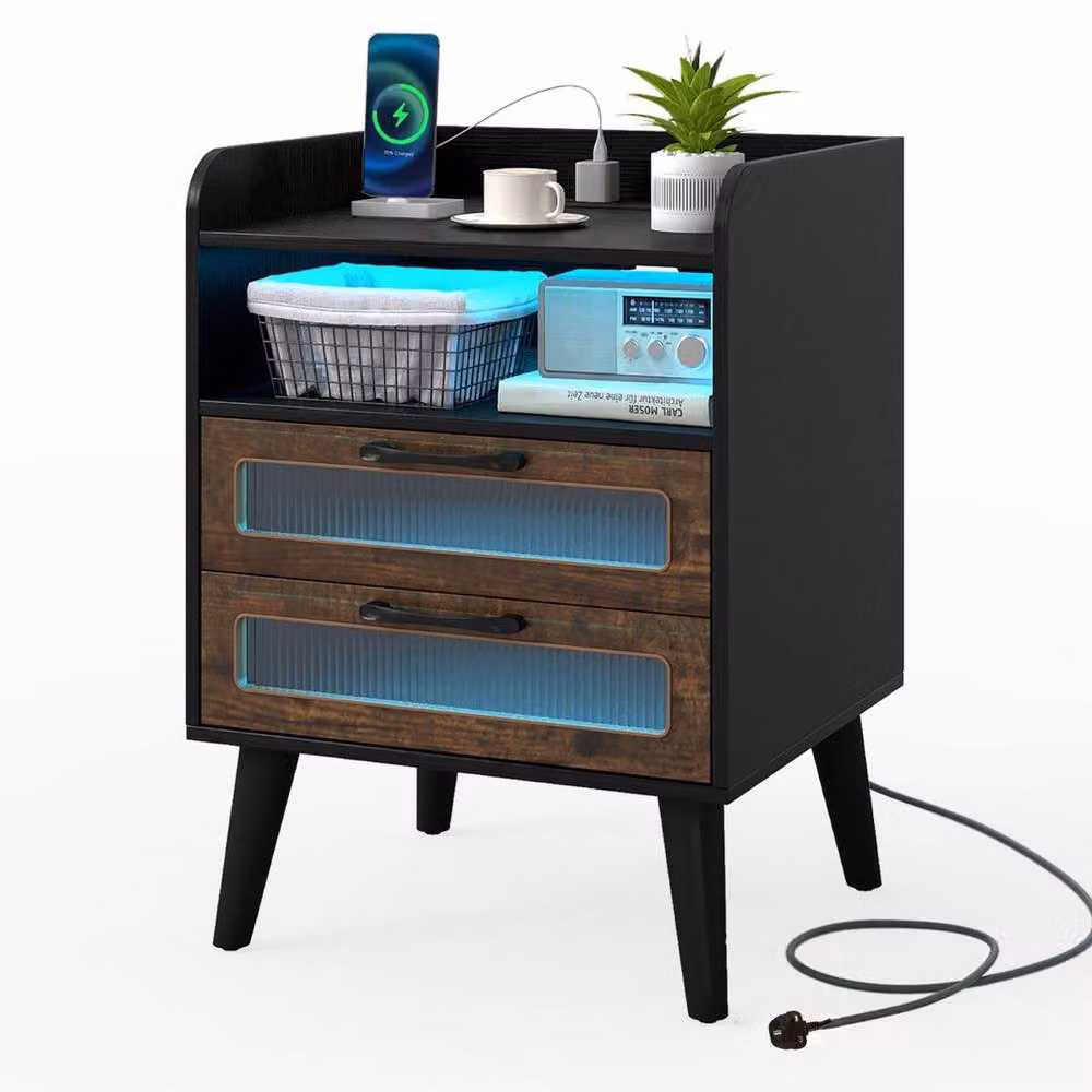 Costway Modern Black Bedside Table with Integrated Lighting and Metal Accents – 4