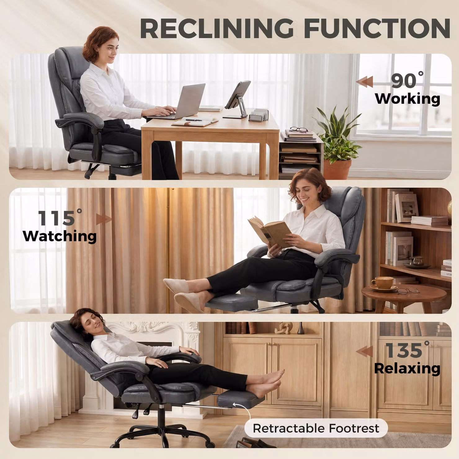 HOMCOM Grey Executive Home Office Chair with Reclining Function, Footrest and Headrest – 6
