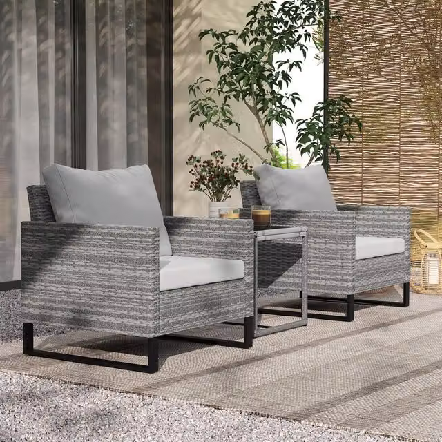 Outsunny 3-Piece Rattan Bistro Set with Coffee Table, Chairs and Cushions in Light Grey