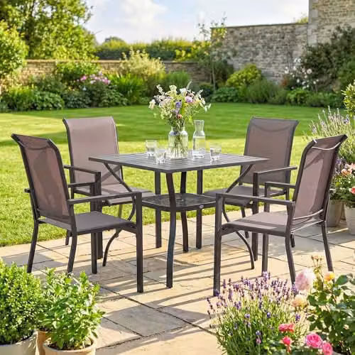 Outsunny 5 Piece Garden Dining Set for 4 with Parasol Hole, Grey – 4