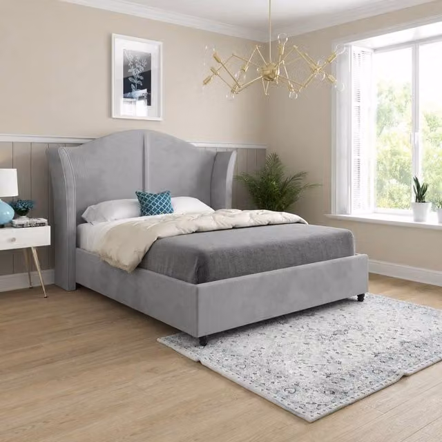 Casani Tirley Curved Winged Upholstered Grey Soft Velvet Designer Bed Frame, Size: Double (140 x 200 cm) – 1