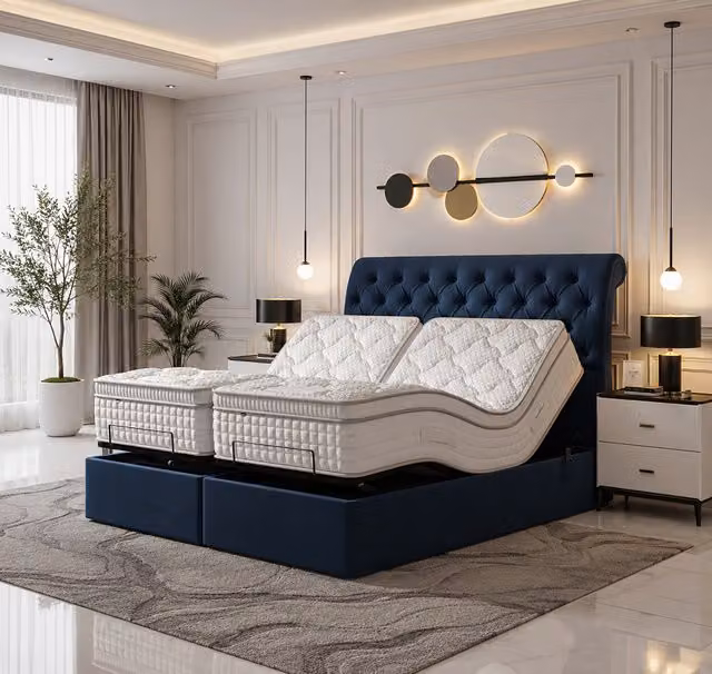 Paradies Navy Blue Upholstered Electric Adjustable Button Bed with Foam Mattress