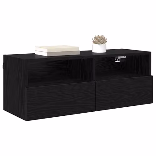 vidaXL Set of 2 Modern Black Wall-Mounted TV Cabinets in Black Oak Engineered Wood – 1