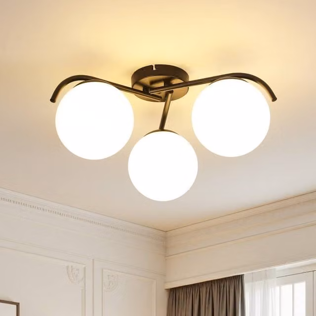 COMELY Mid Century 3-Light Glass and Metal Ceiling Chandelier in Black