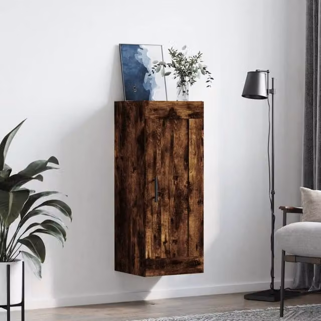 Berkfield Home Wall Mounted Smoked Oak Cabinet in Brown, W/D/H: 34.5 x 34 x 90 cm