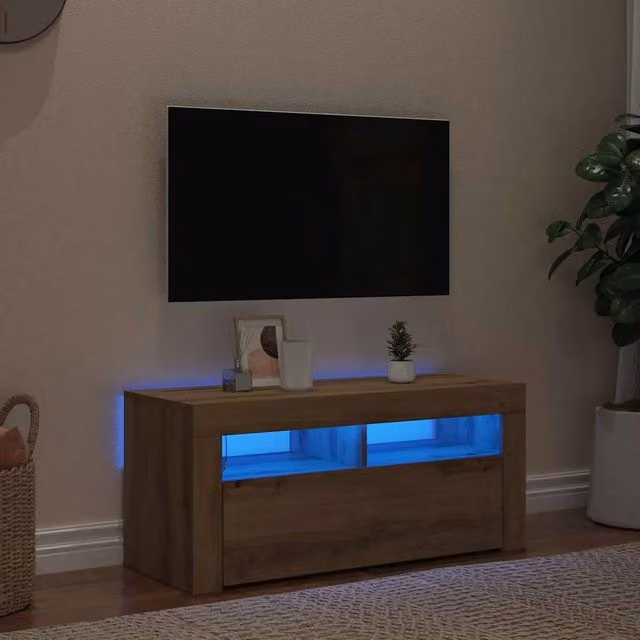 Berkfield Home Artisan Oak TV Cabinet with LED Lights, Brown, W/D/H: 90 x 35 x 40 cm – 1