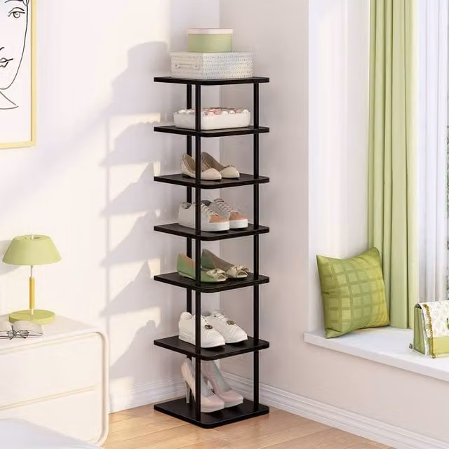 Huhote 7-Tier Narrow Shoe Rack with Metal Frame in Black