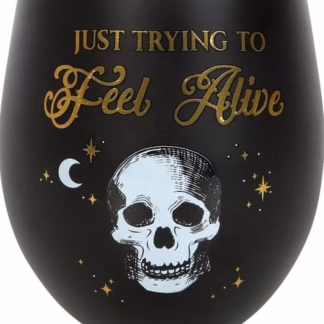 Uniqueful Trying to Feel Alive Stemless Wine Glass in Black and Gold, 550ml