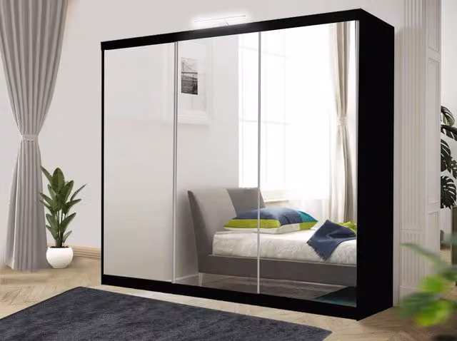 RAC3 Modern Black Sliding Mirror Wardrobe with Integrated LED Lighting and Drawers, Width: 250 cm