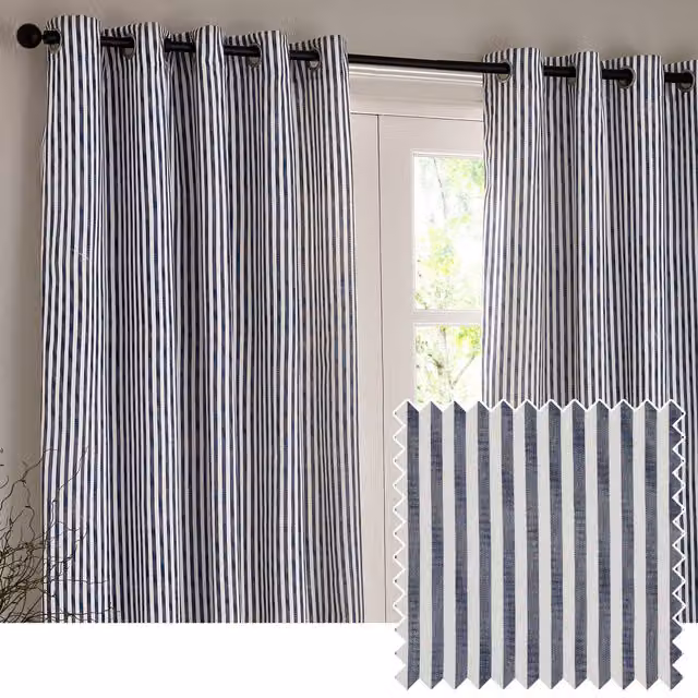 Make It A Home Blue Striped Cotton Eyelet Curtain Pair, Width: 168 cm, Height: 229 cm