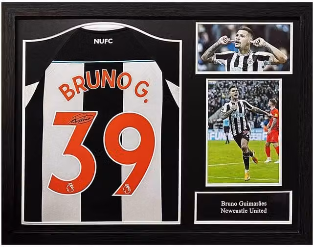 Allstarsignings Bruno Guimaraes Signed and Framed Newcastle United Striped Shirt in Black