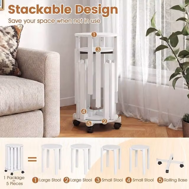 Costway Set of 4 Stackable Wooden Nesting Dining Stools with Rolling Base in White