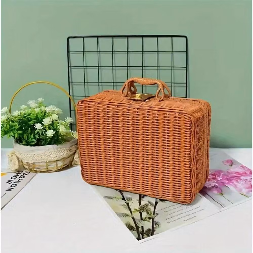 FLAVORA Brown Woven Rattan Style Open Weave Basket with Handles – 3
