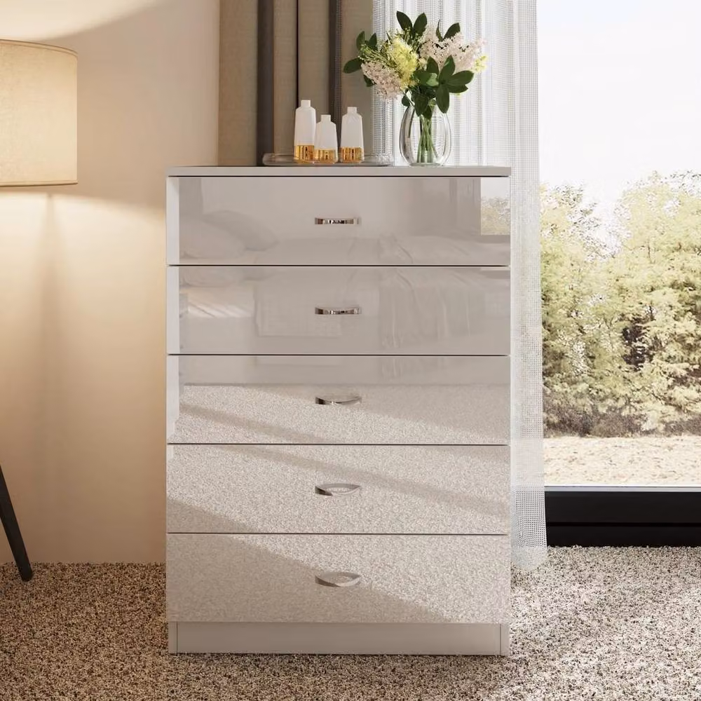 FLAVORA Gloss White 5 Drawer Chest of Drawers and Bedside Table – 2