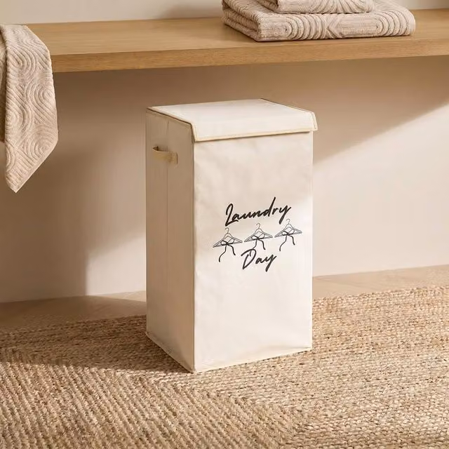OHS Slogan Print Folding Laundry Basket with Lid in Beige