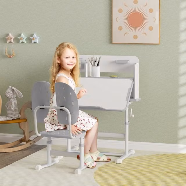 AIYAPLAY Kids Desk and Chair Set in Grey with Tilting Desktop and Reading Rack
