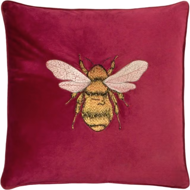 Make it a Home Hortus Embroidered Bee Cushion in Pink Polyester Velvet
