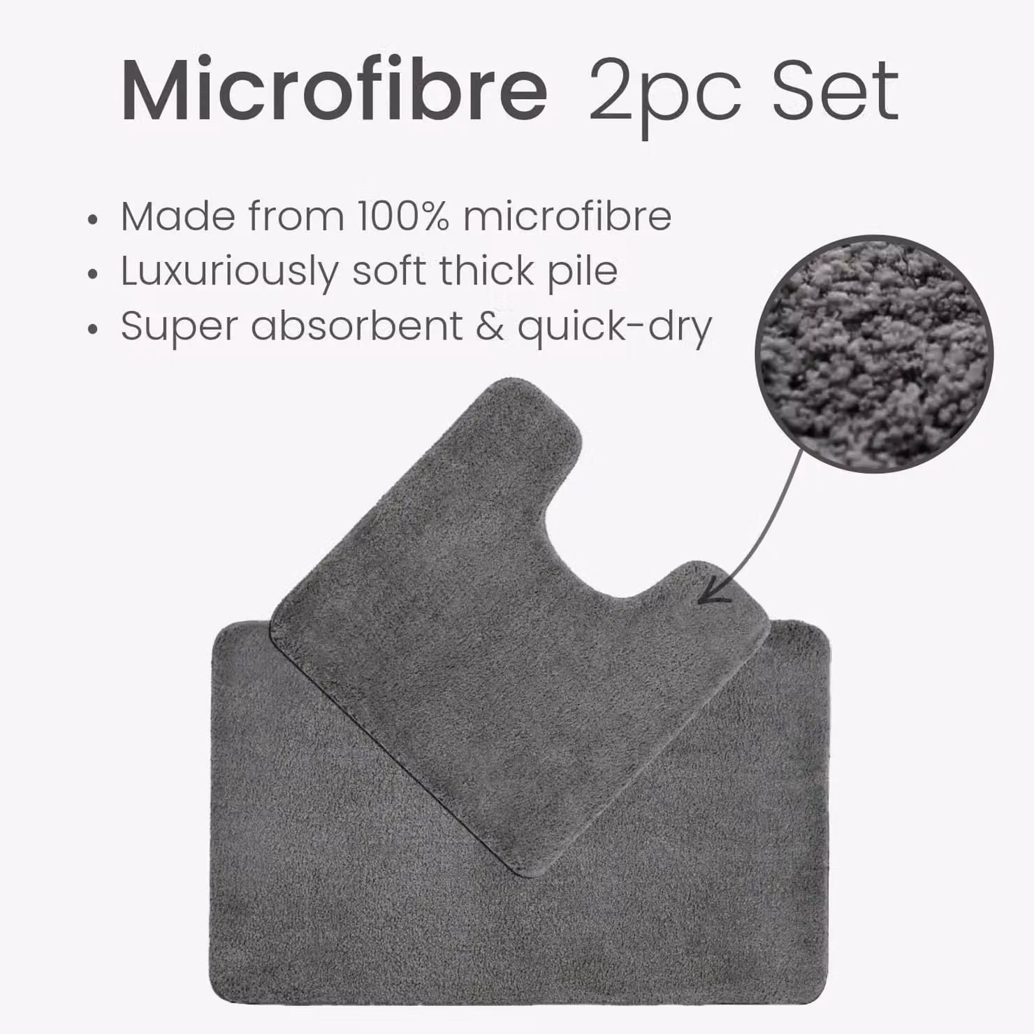 Allure Bath Fashions Non-Slip Microfibre Bath Mat and WC Pedestal Mat Set in Grey – 4