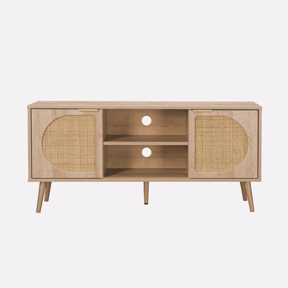 Sweek Modern Wooden Effect TV Unit with Rounded Cane Rattan Doors in Light Brown, Width: 120 cm – 2