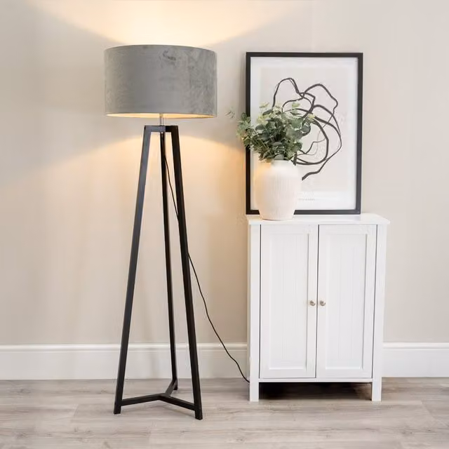ValueLights Lottie Modern Wood Floor Lamp with Fabric Cylinder Shade and LED Bulb in Grey