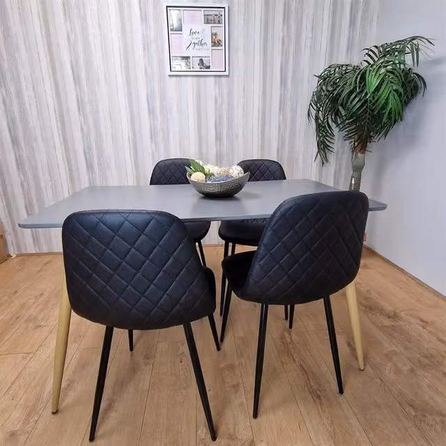 Kosy Koala Modern Grey Rectangular Dining Table and 4 Black Geometric Patterned Chairs Set
