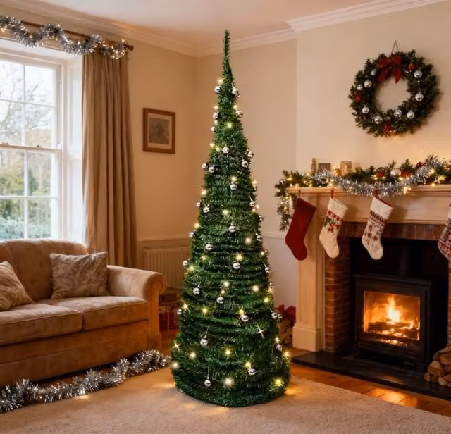 Shatchi 5ft Prelit Pop Up Christmas Tree with Silver Baubles and Battery Operated Warm White LED Lights in Green – 1