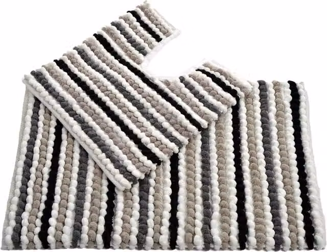Allure Bath Fashions Striped Chunky Bobble Two Piece Bath Mat and Toilet Mat Set in Grey, Black and White – 1