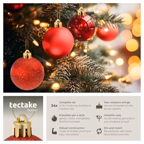 tectake 24-Pack Red Christmas Baubles with Glossy, Matt and Glittery Finishes and Golden Loops – 2