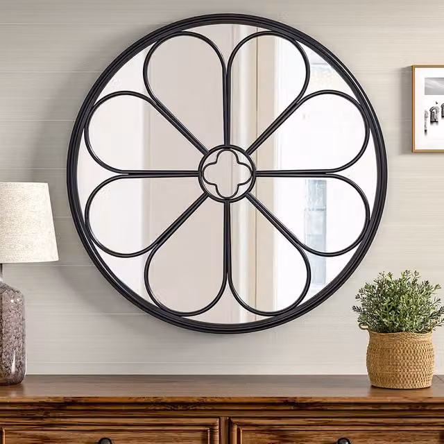 Livingandhome Contemporary Round Floral Glass Wall Mirror in Black, Diameter: 70 cm