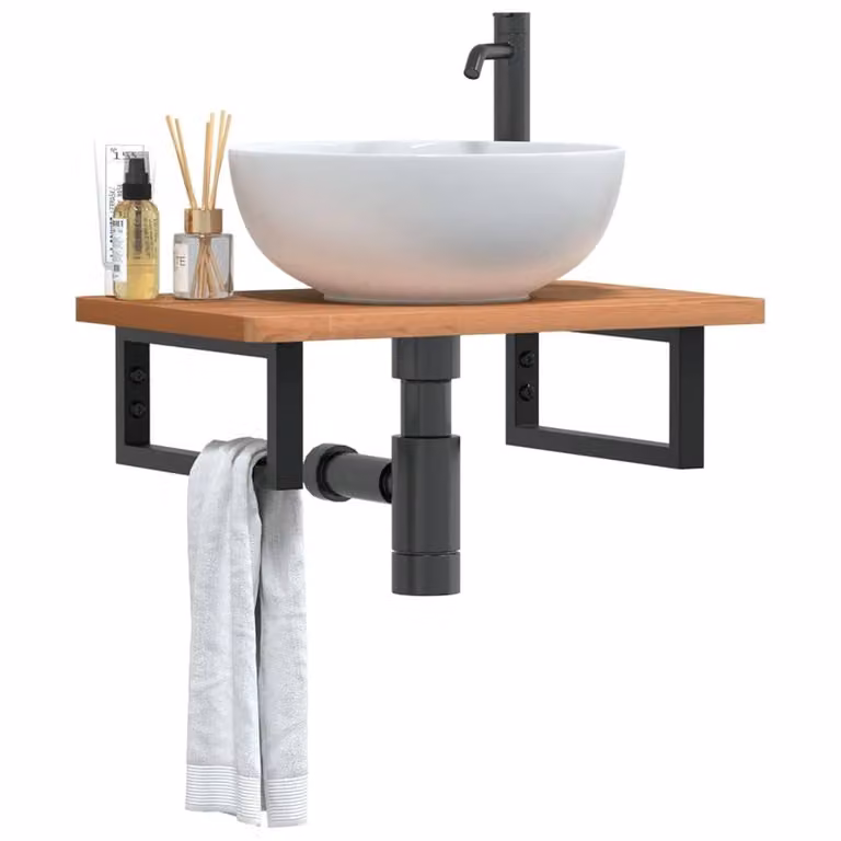 Berkfield Home Wall Mounted Basin Shelf in Brown Steel and Solid Beech Wood