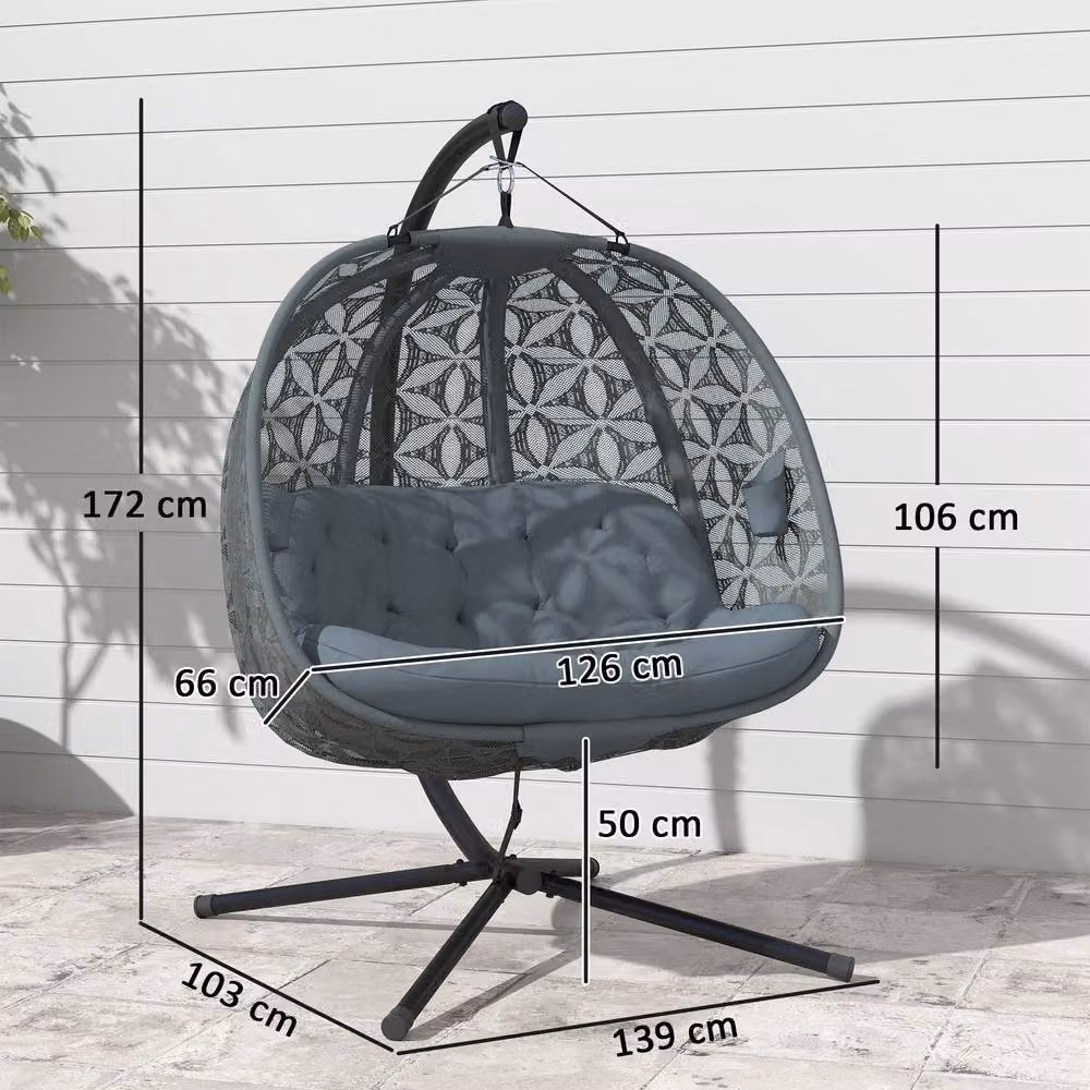 OUTSUNNY Double Hanging Swing Chair with Stand and Cup Holders, Charcoal Grey – 3