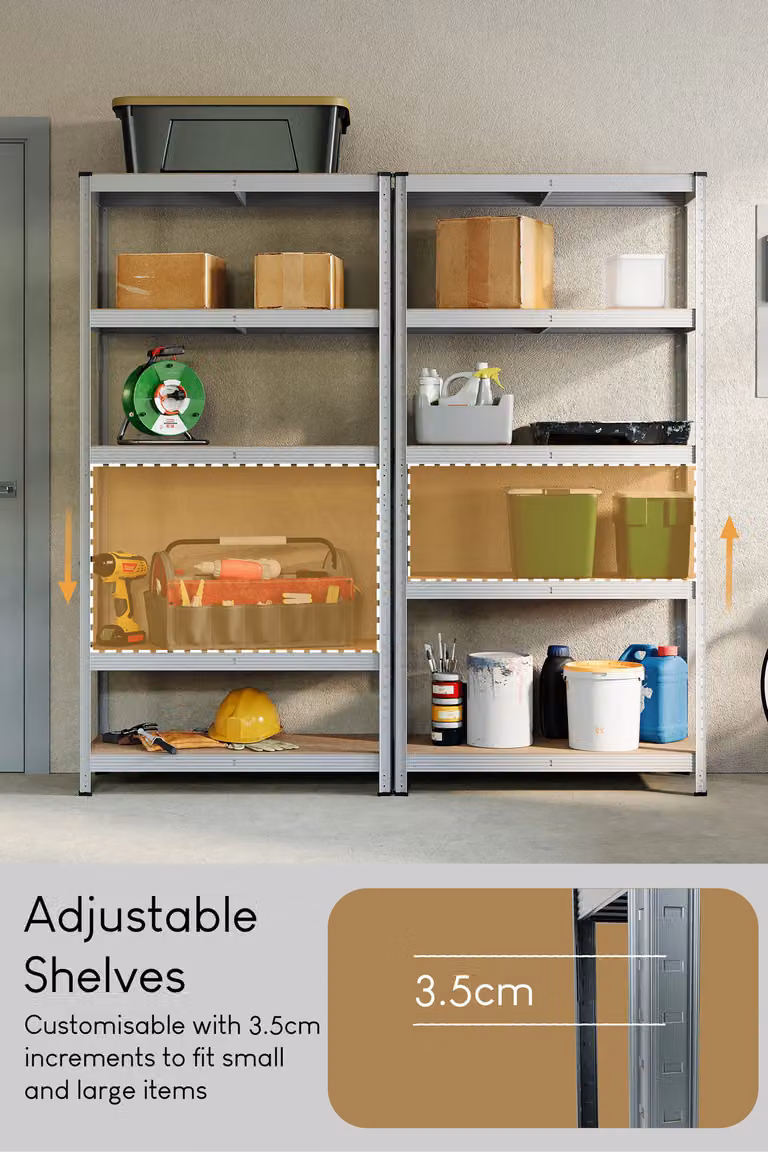 Home Discount Home Vida 5 Tier Large Garage Storage Shelf in Metallic Silver, H 180 cm x W 90 cm x D 90 cm
