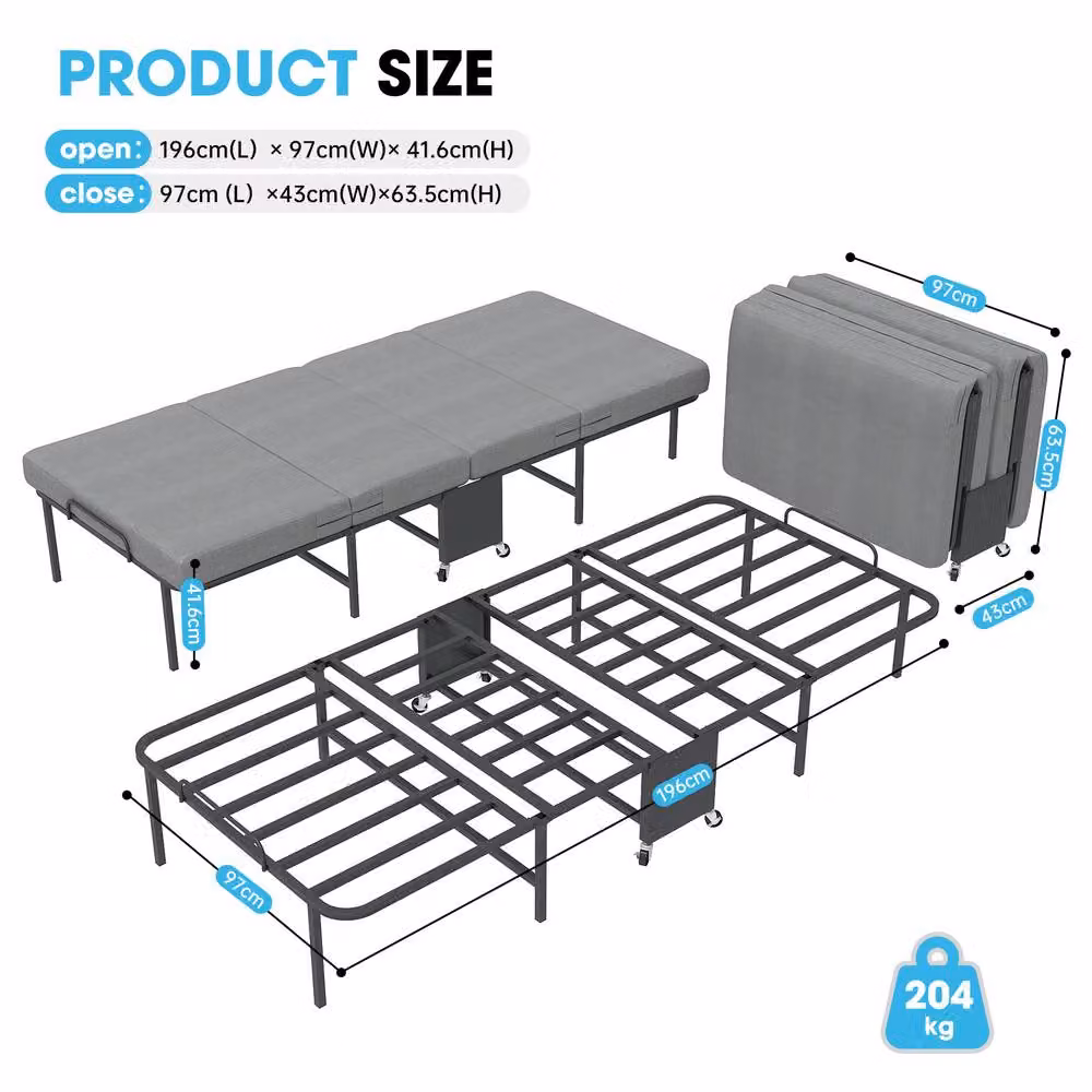 Matteo Grey Single Folding Bed with 6cm Memory Foam Mattress, W/D/H: 90 x 190 x 43 cm – 4