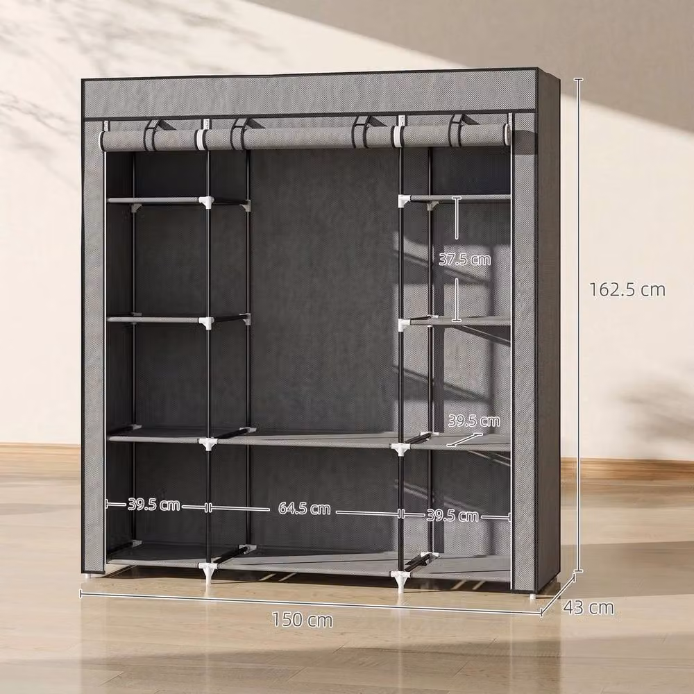 SPETLEK Grey Fabric Wardrobe with 10 Shelves and Hanging Rod, Foldable Metal Closet, H 162.5 cm x W 150 cm x D 60 cm – 2