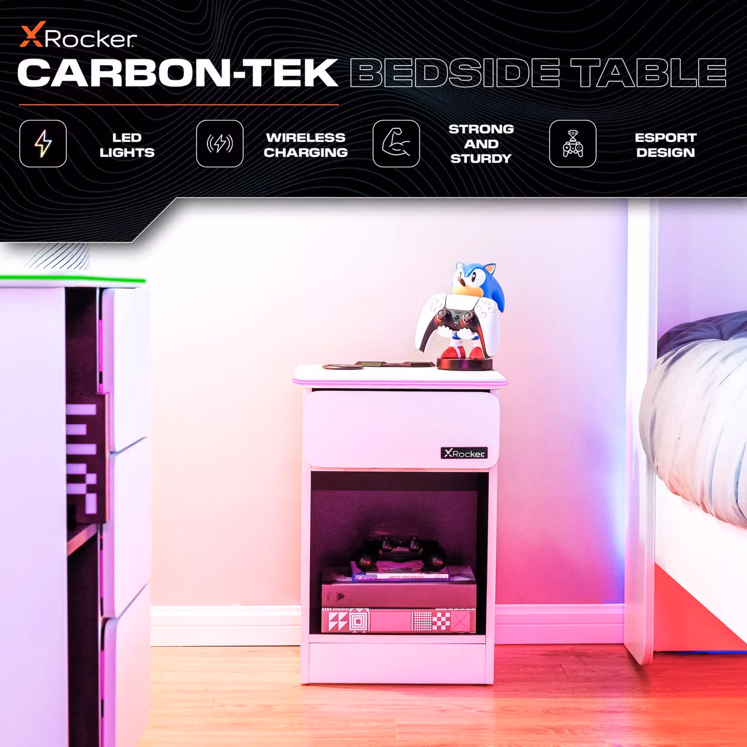 X Rocker Carbon-Tek Bedside Table with Integrated Lighting in White – 2