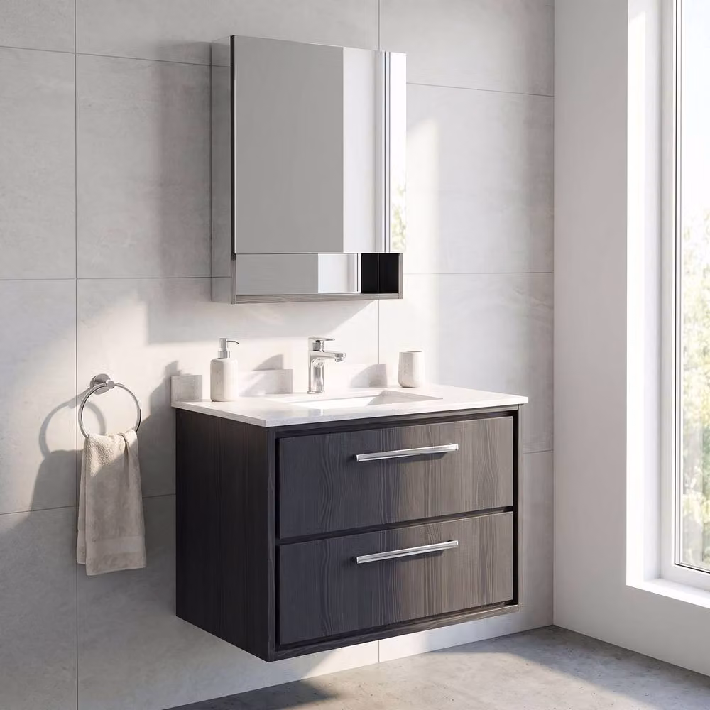 Balterley Wall Hung Bathroom Vanity Unit with Marble Top Basin and 2 Soft Close Drawers, Graphite Grey, W: 82.0 cm, D: 47.0 cm, H: 61.7 cm – 2