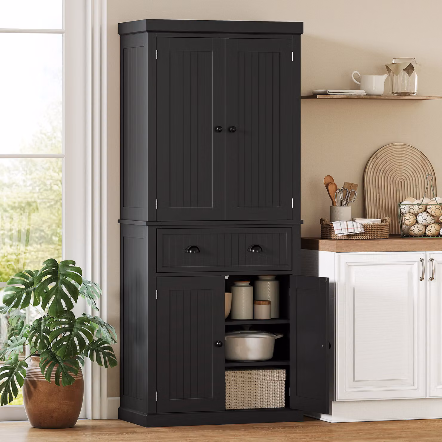 HOMCOM Black Kitchen Storage Cabinet with Drawer, Adjustable Internal Shelves and Hinged Doors, H 183.0 x W 76.2 x D 39.3 cm – 2