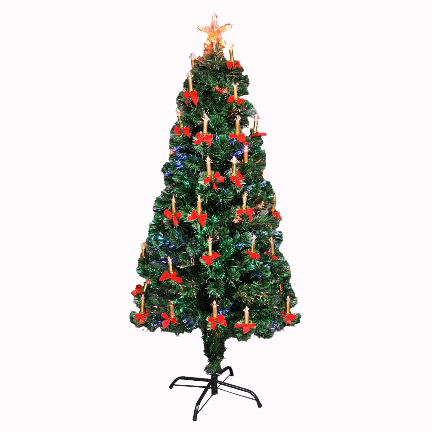 Shatchi Green LED Pre-Lit Fibre Optic Christmas Tree with Candle and Bow Decorations, Height: 120 cm – 2