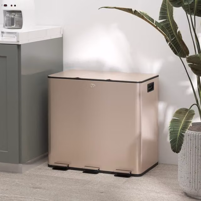 HOMCOM Triple Kitchen Pedal Bin with Removable Inner Buckets and Soft-Close Lid, Gold Tone, 15L