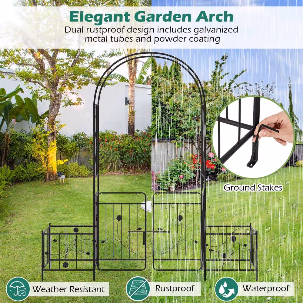 Gymax Metal Garden Arbour Trellis with Lockable Gate and Side Planters, Black, H 220 x W 198 x D 50 cm – 3
