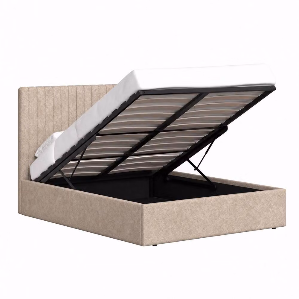 FWStyle Sollom Upholstered Ottoman Bed Frame in Sand Beige with Lift Up Storage, W/D/H: 154 x 112.5 x 209 cm – 2