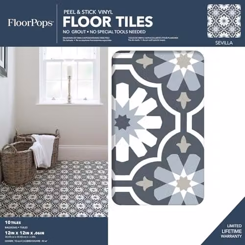 FloorPops FP2944 Sevilla Self-Adhesive Peel and Stick Floor Tiles, Grey, W: 60.96 cm, L: 152.4 cm, T: 0.15 cm – 2